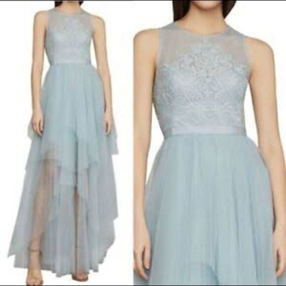 BCBGMAXAZRIA Sleeveless Embroidered Tulle Evening Gown Maxi Dress Light Blue - Picture 6 of 8